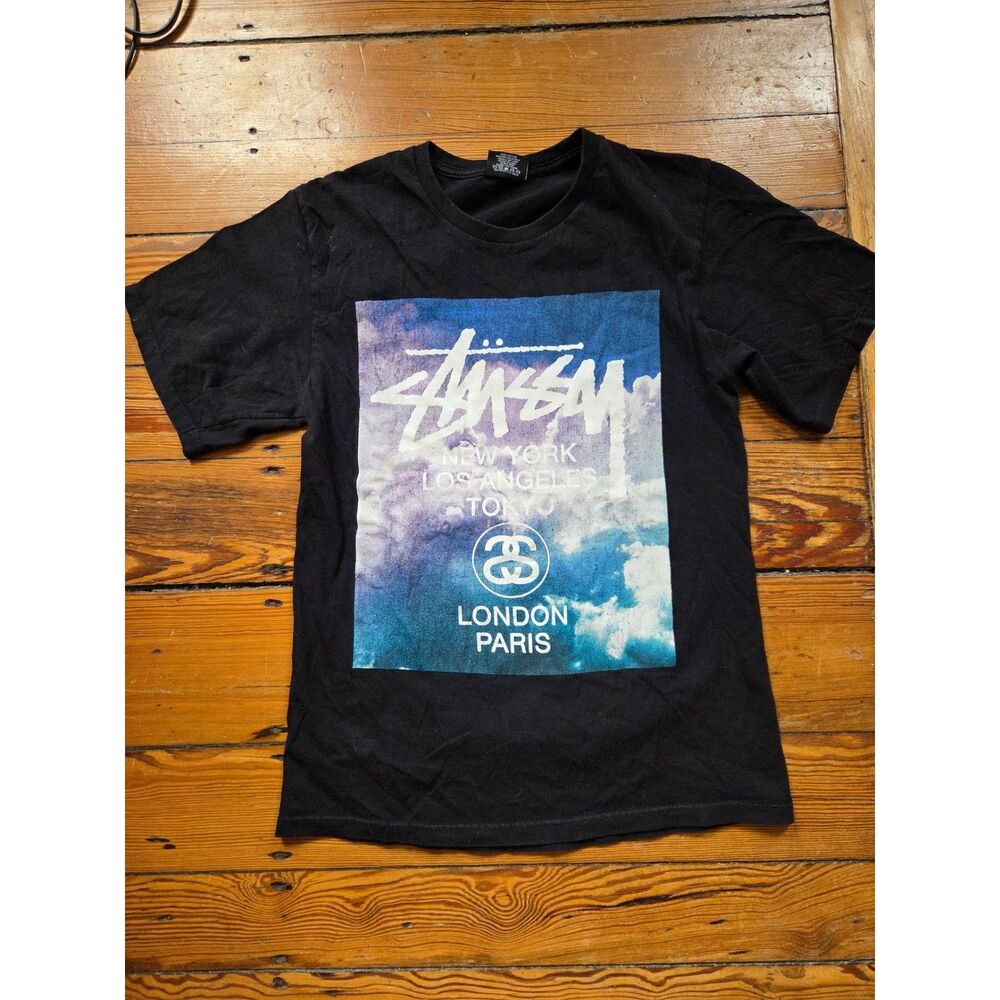 Stussy World Tour Cloud Print Graphic T-Shirt Black Mens Small Short Sleeve